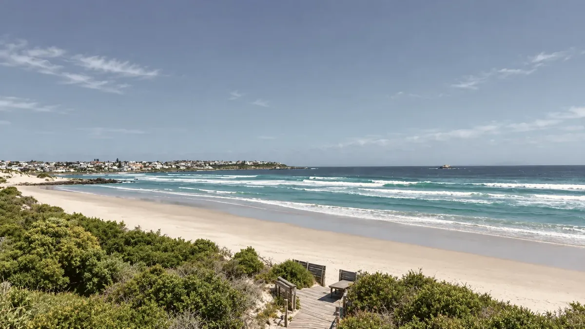 The timber boardwalk through the dune bush down to the beach, with the surf and the town along the bay