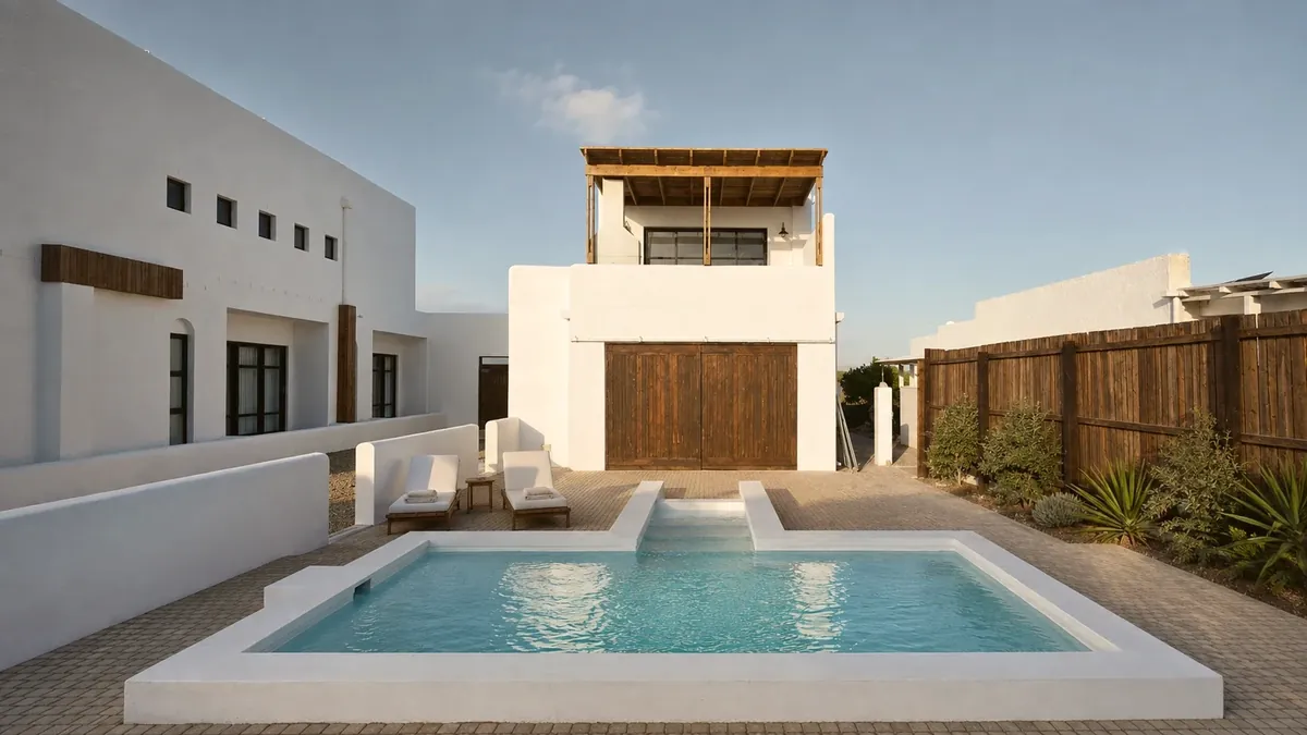 The T-shaped courtyard pool, with loungers, a whitewashed wing and the timber-doored pool-side building