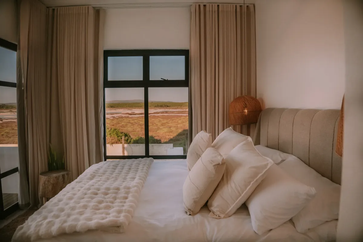 A bedroom looking out over the salt pans