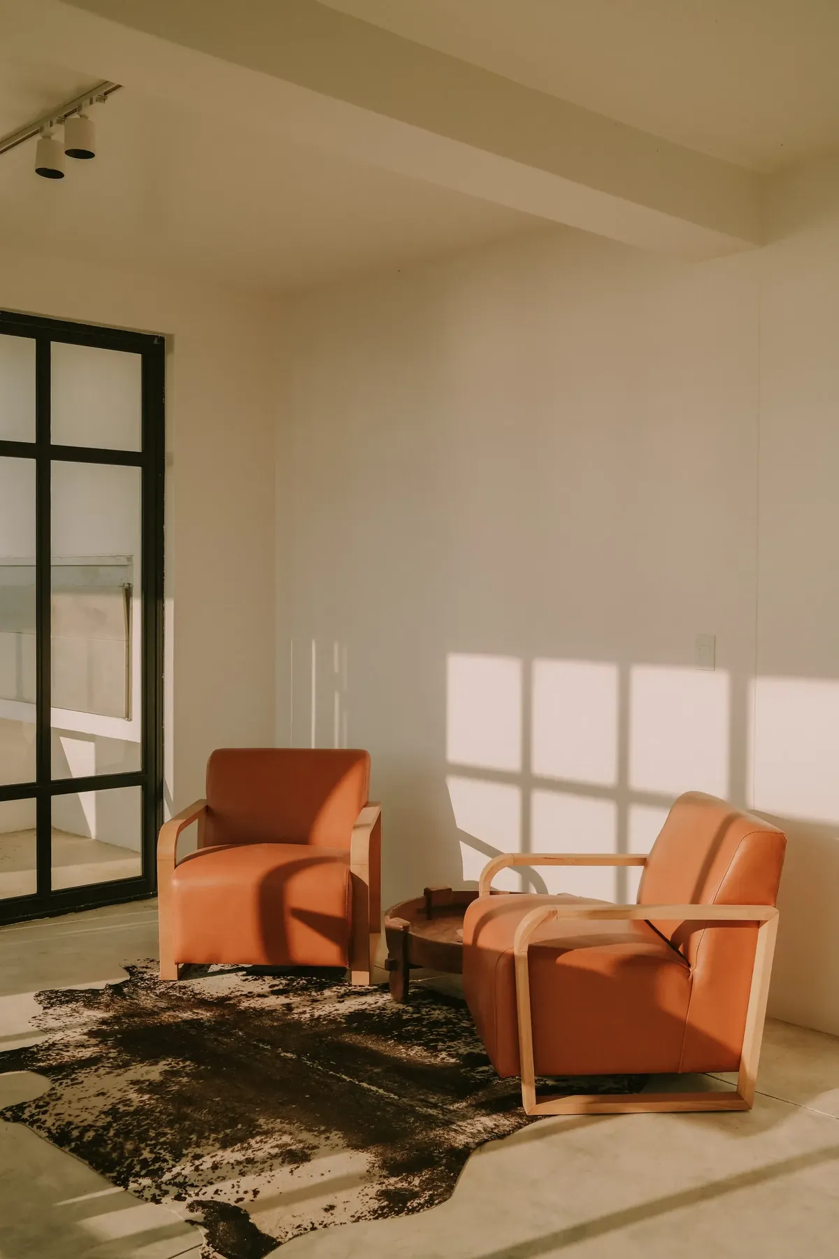 Burnt-orange armchairs in the afternoon light