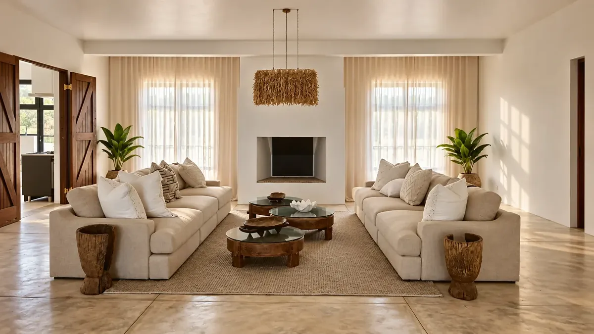 The ground-floor lounge, with two long sofas facing each other either side of low round tables, a fireplace and sheer curtains