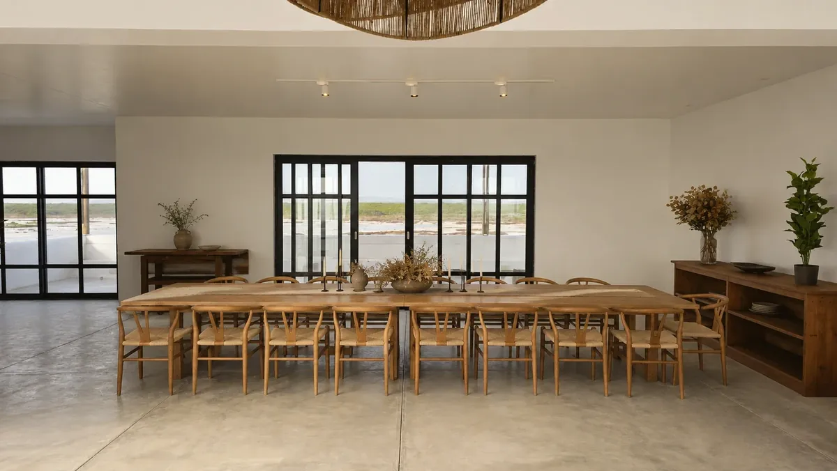The long timber dining table with wishbone chairs, beneath a woven pendant light, with the salt pans through the windows behind