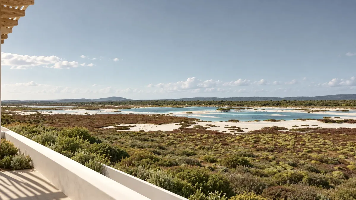 The view east over the salt pans from the balcony, with a timber pergola at the edge of the frame