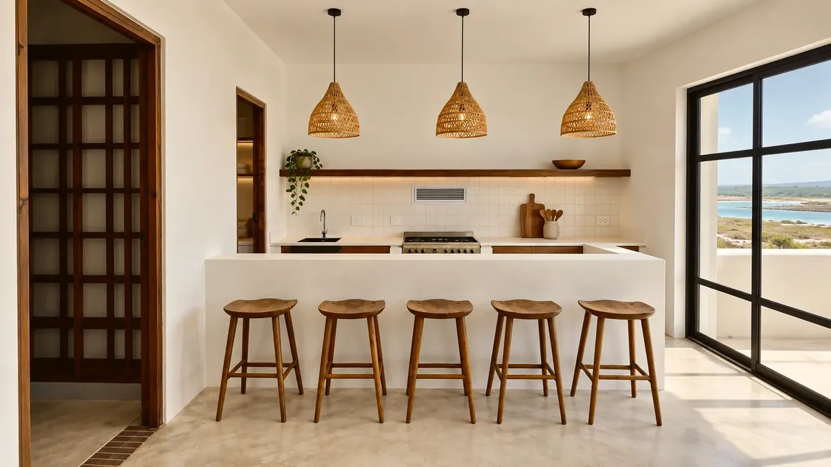 The kitchen and bar, with rattan pendant lights, timber stools and a window onto the salt pans